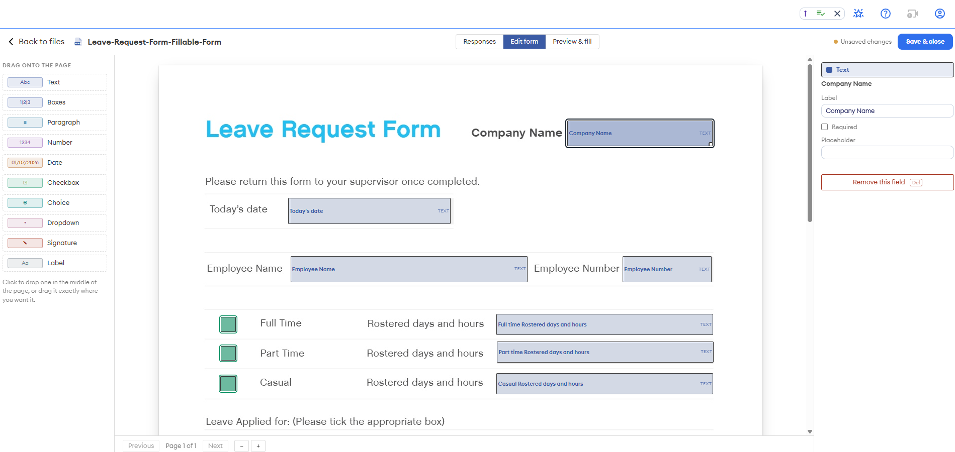 The same page once the relevant questions have been typed in.